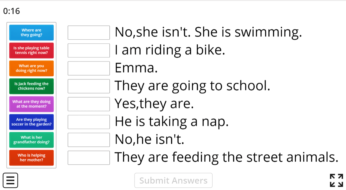 Answer the questions (Present Continuous Tense)