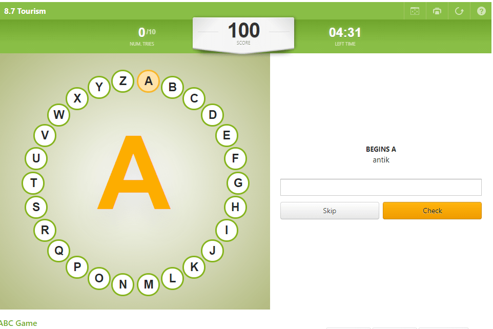 8.7 Tourism Vocabulary (ABC Game) (8.sınıf İngilizce Tourism)