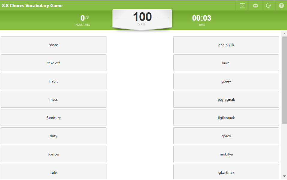 8.8 Chores Vocabulary Game (8.sınıf İngilizce Chores)